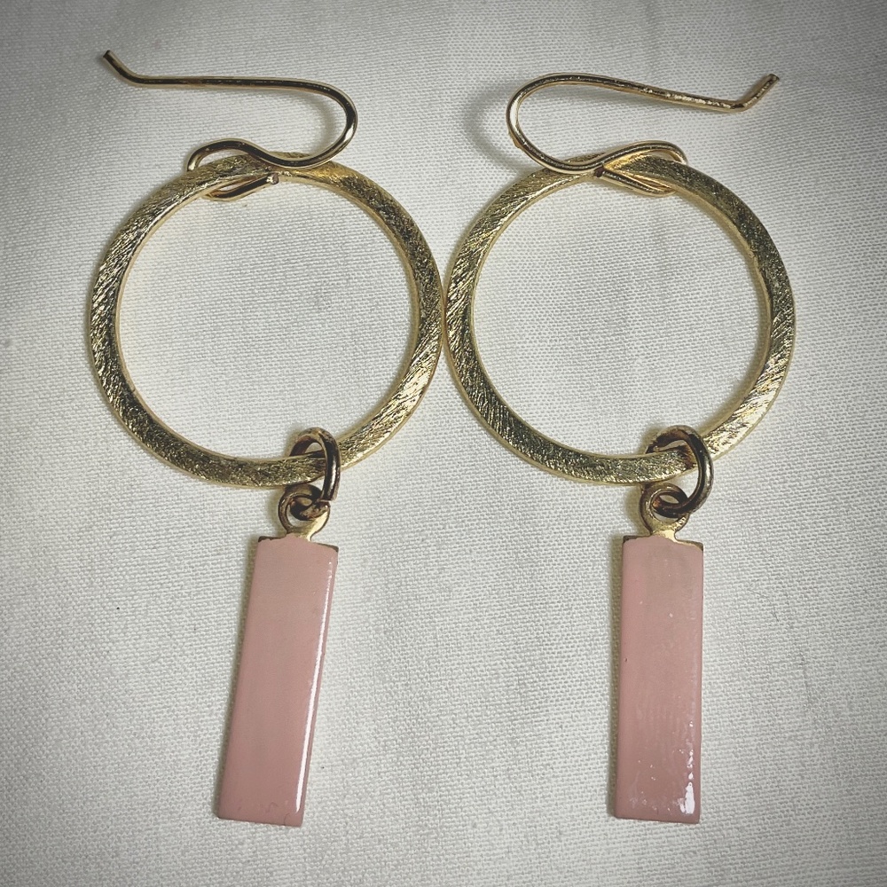 New Handcrafted Round Hoop Earrings Rustic Gold Finish with Pink Enamel Accent